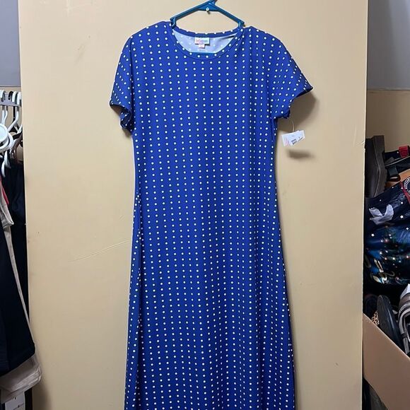 🆕 LULAROE SMALL MARIA FULL LENGTH DRESS Royal blue polka dot dress - Picture 1 of 5